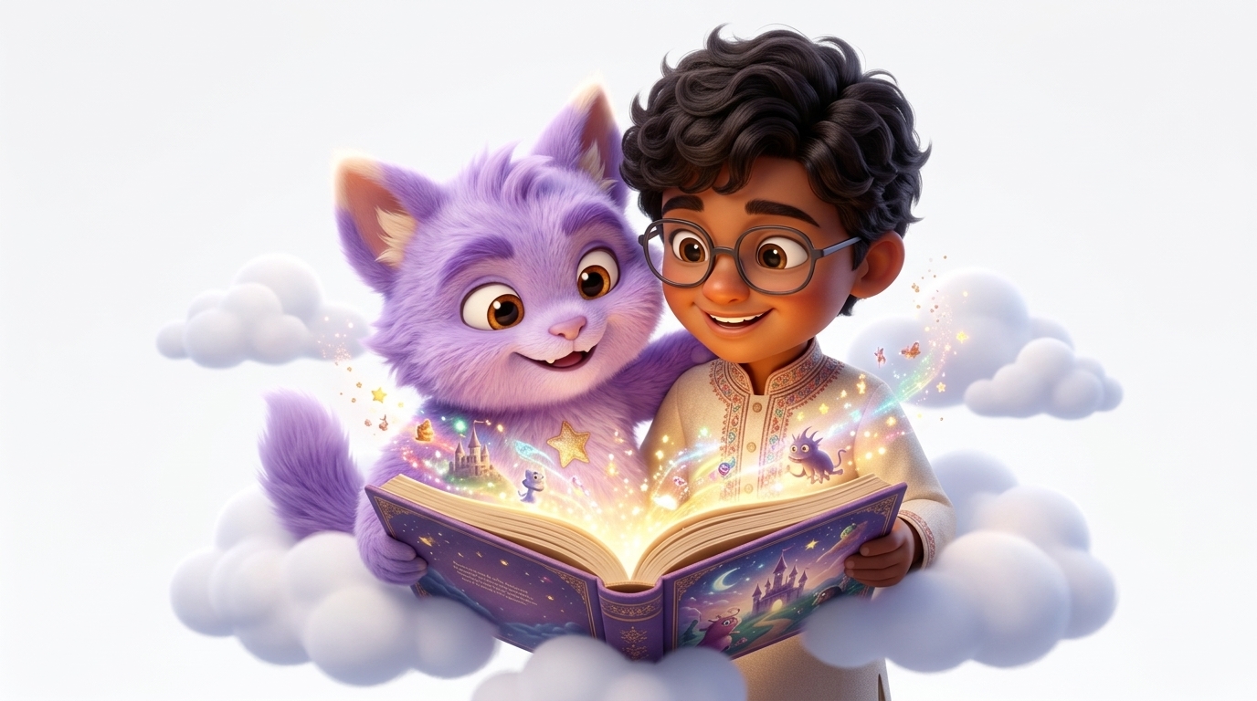Child reading magical book with Tingu